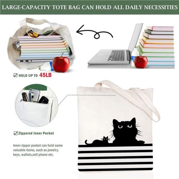 Canvas Tote Bag for Women Aesthetic Cute Cat Shopping Grocery Reusable Bag - Picture 6 of 6